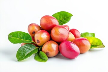 Wall Mural - A cluster of colorful fruits surrounded by green leaves on a white background.