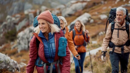 Active adult friends hiking together in a national park, sharing the experience and motivating each other