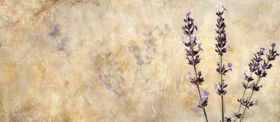 Sticker - textured fashionable old paper backdrop square featuring Canarian lavender flowers. Copy space image. Place for adding text and design