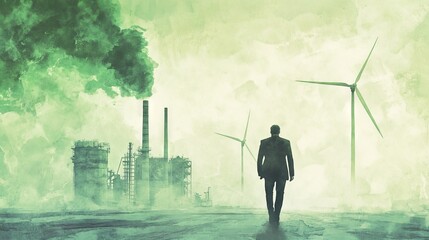 A person walking towards industrial sources and renewable energy sources, symbolic of the transition towards sustainability.