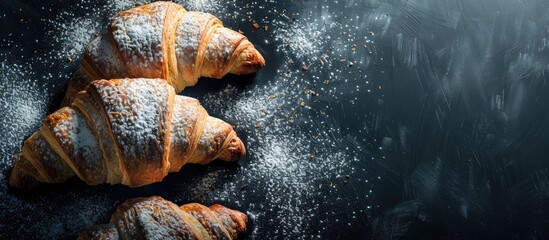 Sticker - French croissants with jam and powdered sugar on a black background copy space