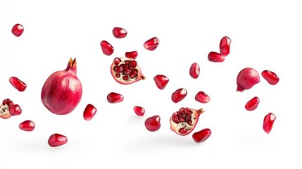 A vibrant display of pomegranates and seeds in mid-air, emphasizing freshness and health.