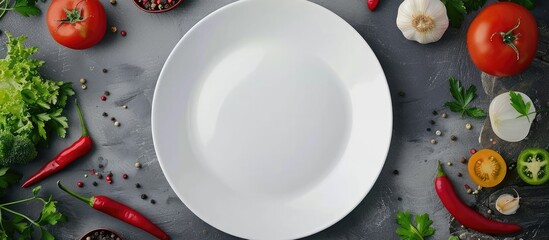 Poster - Top view of a white plate with vegetables and spices on a grey backdrop. Copy space image. Place for adding text and design