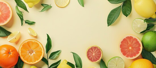 Creative background featuring summer tropical fruits and leaves including grapefruit orange tangerine lemon and lime set against a pastel yellow backdrop Food concept Flat lay top view copy space