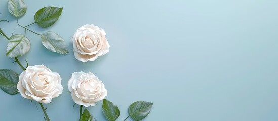 Wall Mural - Delicate roses on a blue backdrop Template for a wedding invitation Horizontal floral banner Copyspace