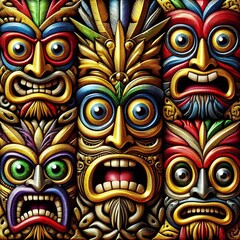 Wall Mural - Funny cartonized tiki mask pattern
