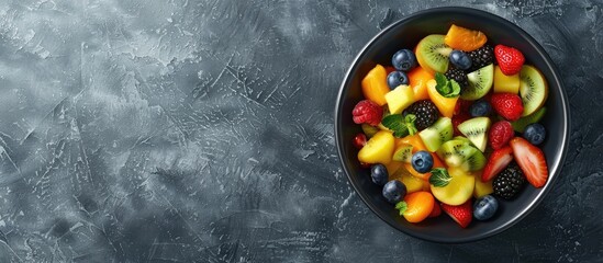 Canvas Print - Bowl of fresh healthy fruit salad on a grey background Panorama banner with copyspace