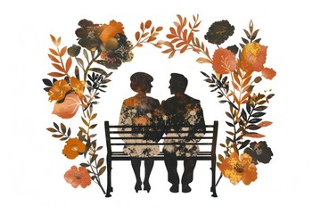 Canvas Print - Elder couple sitting on bench pattern flower adult.