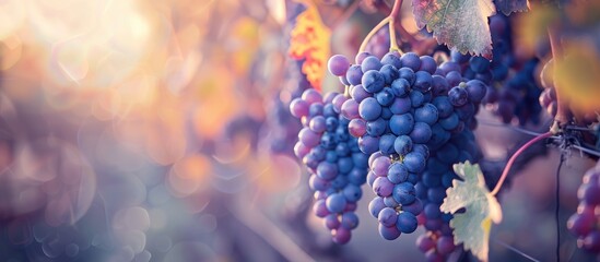 Sticker - Grapes on a vine in a vineyard Close up of a bunch of purple grapes growing on vines in a vineyard Soft and blurred background A photo featuring a very shallow depth of field. Copy space image