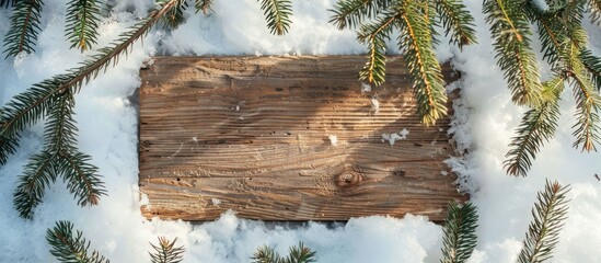 Sticker - Wooden board on the snow with branches from a Christmas tree. Copy space image. Place for adding text and design