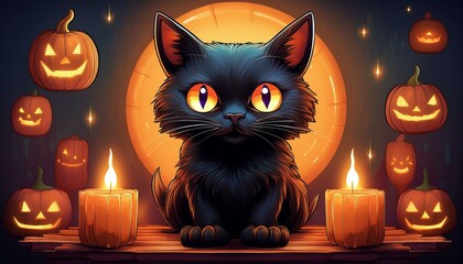 Wall Mural - pixel art black cat with glowing eyes on pumpkin with candles.