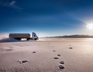 Wall Mural - Semi-truck crossing a vast salt flat, kicking up dust.