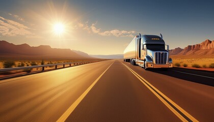 Wall Mural - Shiny semi-truck on a desert highway under the hot sun.
