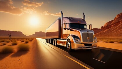 Wall Mural - Shiny semi-truck on a desert highway under the hot sun.
