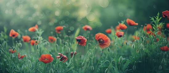 Wall Mural - Blooming poppy flowers in soft focus with grass during summer Blurred green backdrop suitable for print and poster Shallow depth of field Toned image Copy space