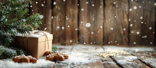 Poster - Christmas card featuring a gift box gingerbread cookies and a fir tree branch blanketed in snow against a wooden wall Includes space for your greetings. Copy space image