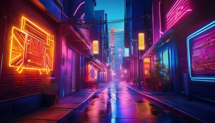 Wall Mural - Vibrant Neon Warning Sign Illuminating Urban Alleyway at Dusk With Colorful Lights