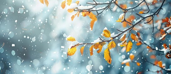 Poster - Creative layers of winter and fall Snow resting on autumn branches adorned with yellow leaves Concept of early winter or snowfall Area for text copy space