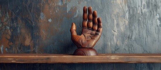 Poster - Wooden hand with fashionable decoration on a shelf in a room. Copy space image. Place for adding text and design