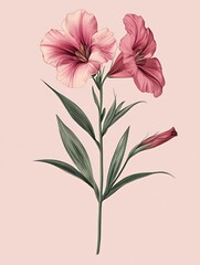 Wall Mural - A delicate illustration of pink flowers with green leaves on a soft pink background.