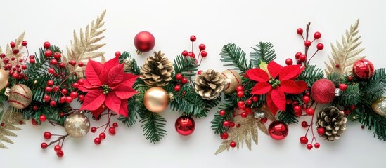 Poster - Christmas arrangement featuring red and gold decorations set against a white background Flat lay top view copy space