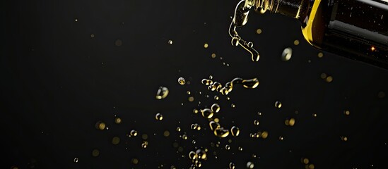 Wall Mural - Drizzling olive oil from a bottle against a black background. Copy space image. Place for adding text and design