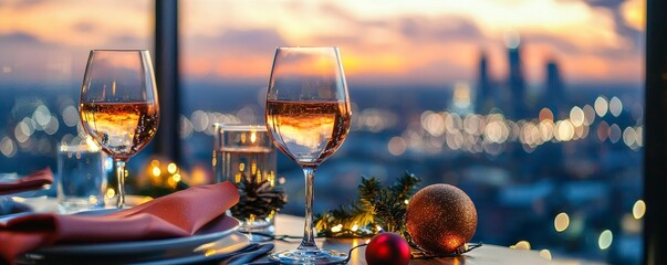 Elegant table setting with wine glasses and festive decorations, overlooking a cityscape at sunset.