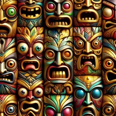 Wall Mural - Funny cartonized tiki mask pattern
