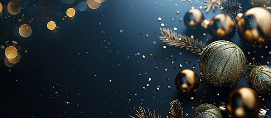 Sticker - Luxury gold Christmas decorations against a dark blue background Template for a Christmas greeting card mockup for a Happy New Year banner. Copy space image. Place for adding text and design