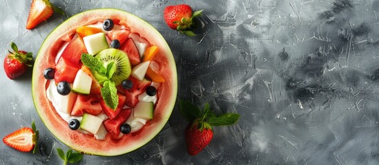 Healthy clean eating dieting and nutrition with a seasonal summer breakfast theme A fruit salad served with yogurt in a carved watermelon bowl on a kitchen table Top view flat lay copy space backgrou