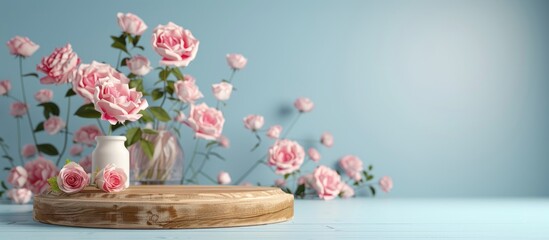 A wooden podium adorned with roses for showcasing eco friendly products and cosmetics against a light blue backdrop A setting featuring flowers for natural products Blank space. Copy space image