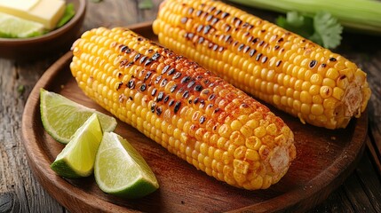 Grilled corn on the cob served with lime wedges on a wooden plate.