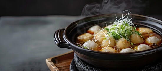 Poster - Japanese hot pot sardine fish balls and tofu topped with nutritious radish sprouts. Copy space image. Place for adding text and design