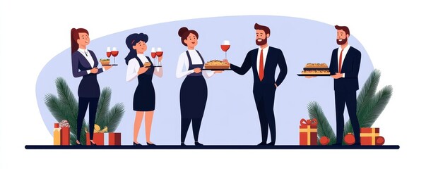 Illustration of business professionals at a holiday party, serving food and drinks with festive decorations in the background.