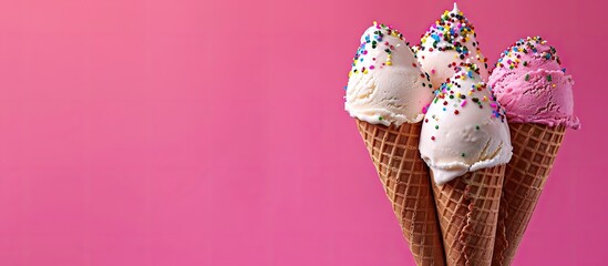 Poster - Chocolate strawberry and vanilla ice cream cones topped with sprinkles on a vibrant pink background. Copy space image. Place for adding text and design