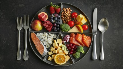 Balanced diet plate with labeled sections