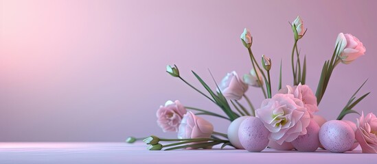 Sticker - Eustoma blossoms alongside Easter eggs. Copy space image. Place for adding text and design