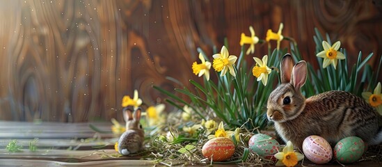 Sticker - Numerous small Easter bunnies and Easter eggs are placed beneath a bouquet of daffodils set against a wooden backdrop. Copy space image. Place for adding text and design