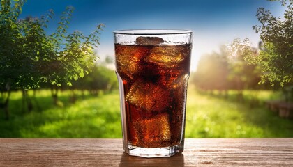 A glass of cola on the table in the garden, sunny day