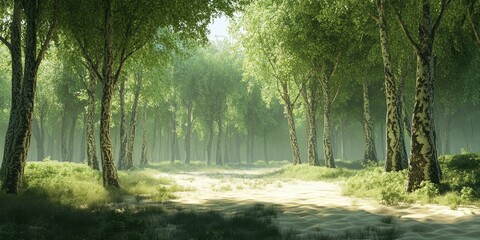 Canvas Print - A path through a misty birch forest.