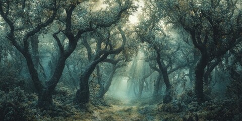 Canvas Print - Sun rays through misty, dense forest.