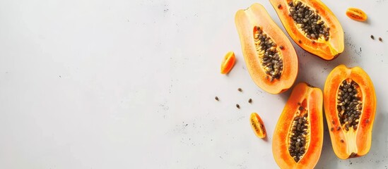 Poster - Sliced papaya on a white background Fruit recipe cooking summer theme Top view flat lay close up layout design copy space