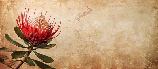 Wall Mural - textured vintage paper background featuring a red pincushion protea flower. Copy space image. Place for adding text and design