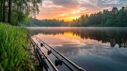 Poster - Fishing Rods at the Lake at Sunset