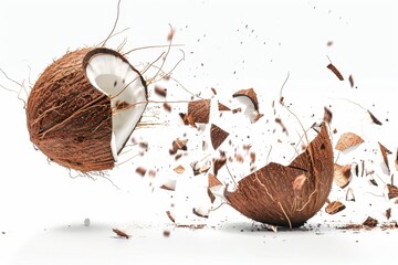 Close up of whole and broken coconut in air isolated on white