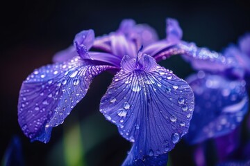 Sticker - Close up photo of purple iris flower with water droplets on dark background Shallow depth of field room for text