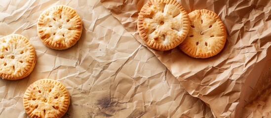 Sticker - textured vintage paper background featuring shortbread biscuits. Copy space image. Place for adding text and design