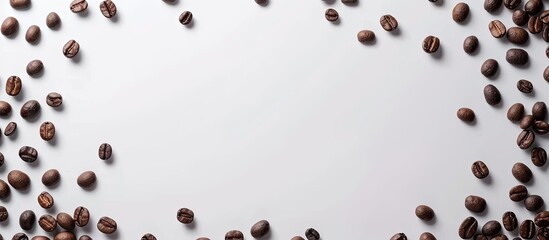 Wall Mural - Coffee beans on a white background The center is left blank for text Close up Copy space Empty area for text Top view