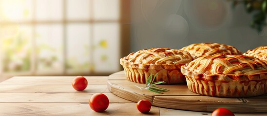 Canvas Print - Round homemade pies are placed on the dishes. Copy space image. Place for adding text and design