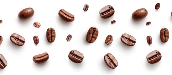 Wall Mural - Roasted brown coffee beans and seeds set against a white background. Copy space image. Place for adding text and design